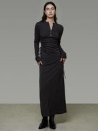 unspoken Breathable Tencel Ruched High Waist A Line Long Sleeve Slim Office Maxi Dresses