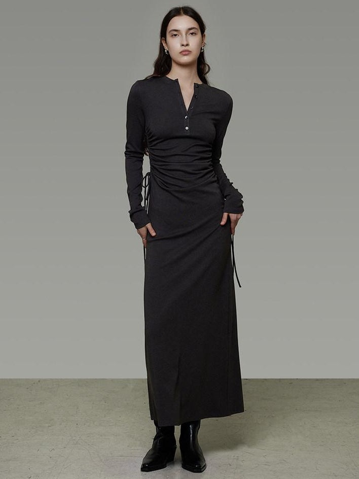 unspoken Breathable Tencel Ruched High Waist A Line Long Sleeve Slim Office Maxi Dresses