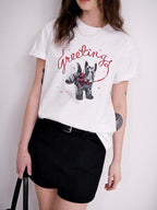 fano Cotton Blend Korean Loose Fit Crewneck Women White Printed Short Sleeve T-Shirts