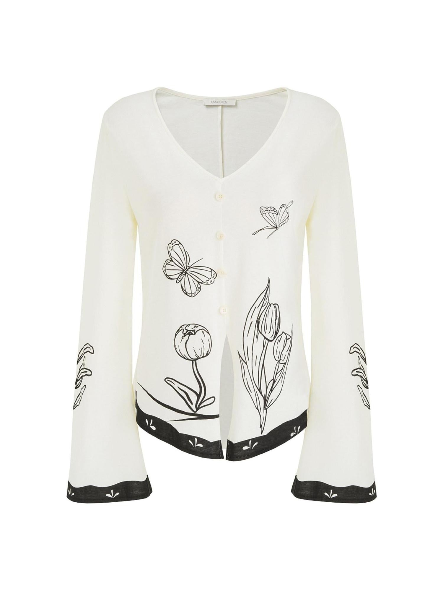 unspoken Soft Cotton Blend Relaxed Fit Floral Print V-neck Long Sleeve Women Blouses