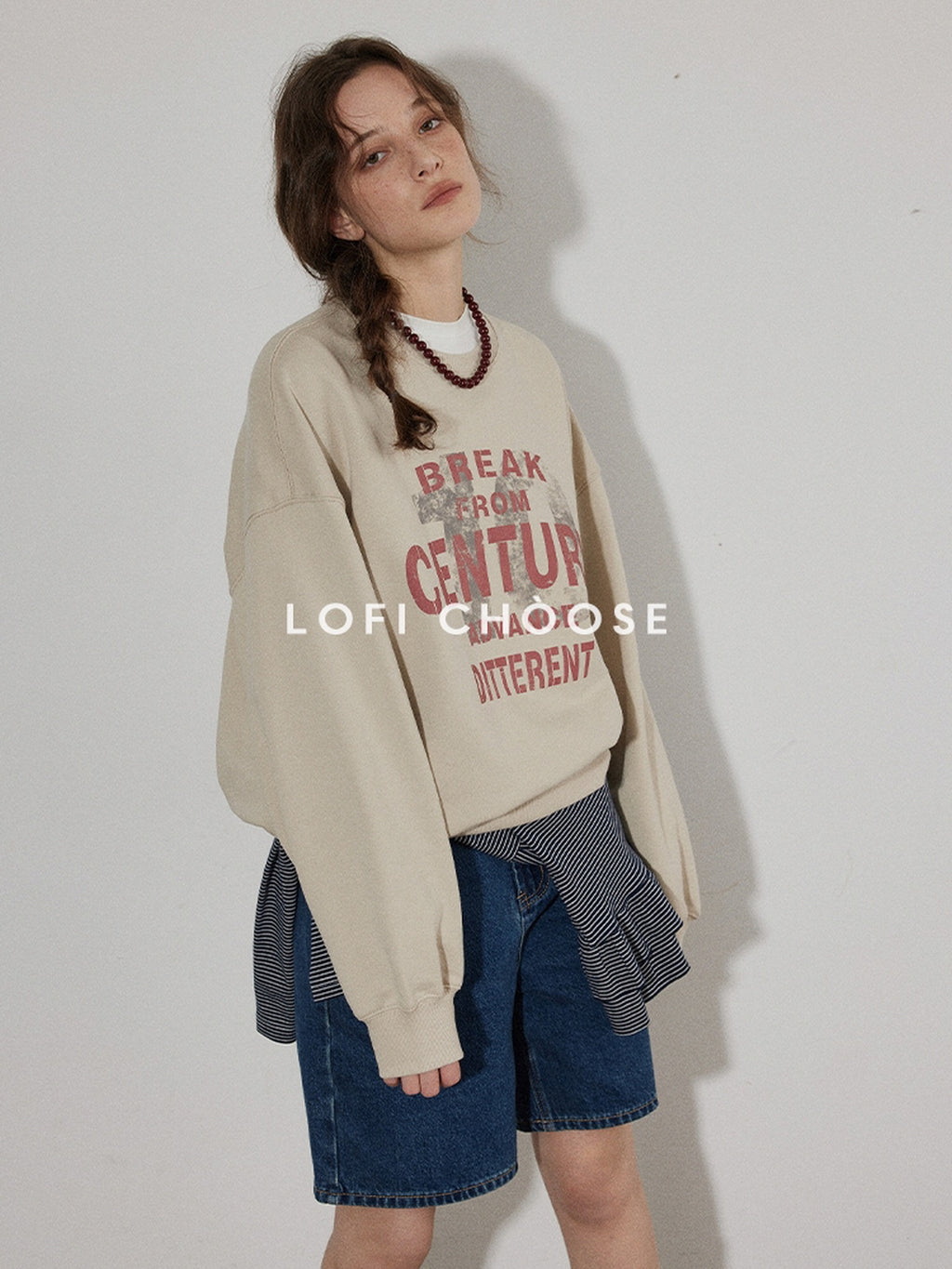 Lofi choose Oversized Letter Print Crewneck Pullover Commuter Style Women Oatmeal Sweatshirt