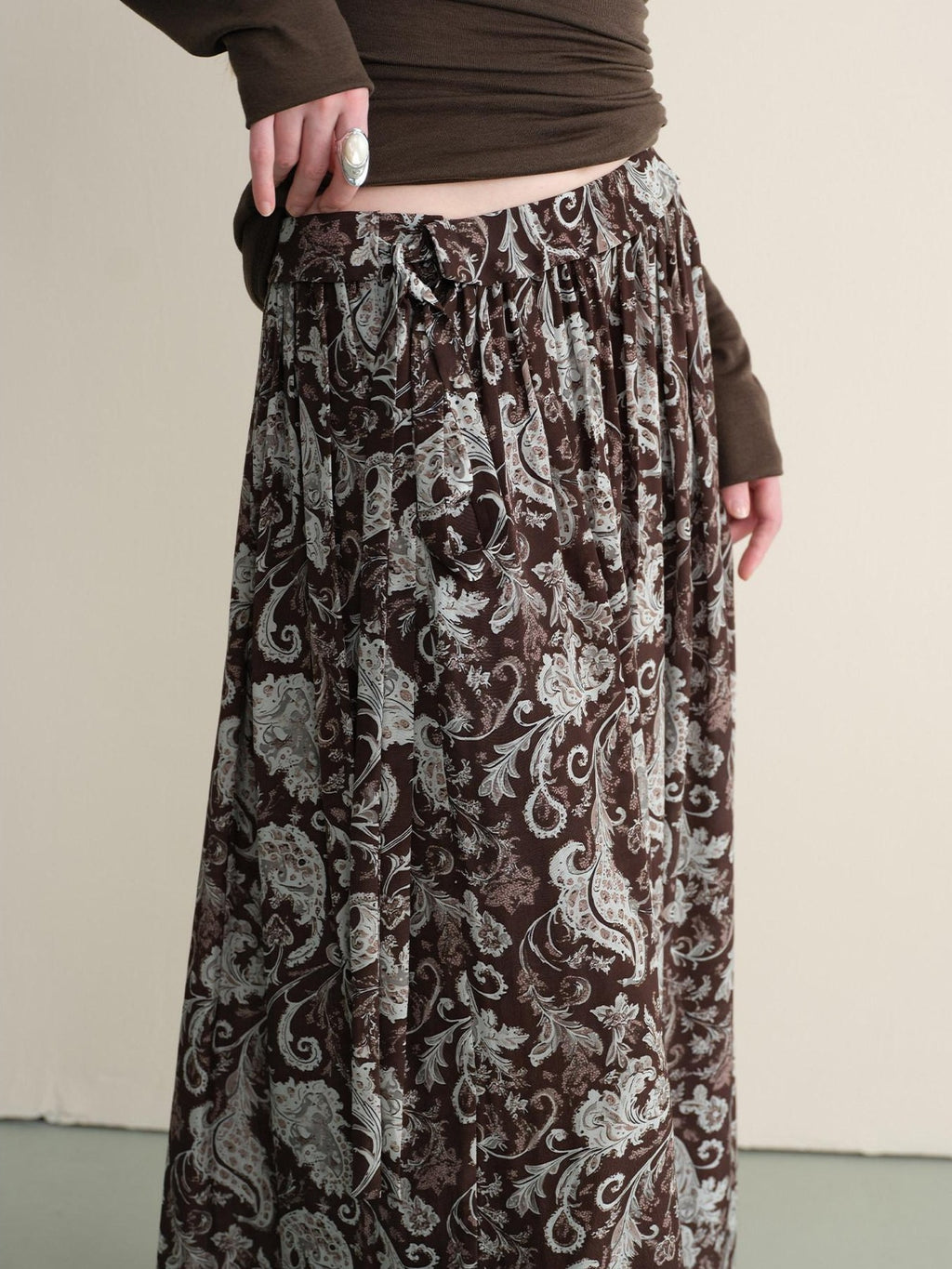 someonesometimes Lace Paisley Tie Mid Waist Relaxed H Line Casual Vacation Ladies Maxi Skirts