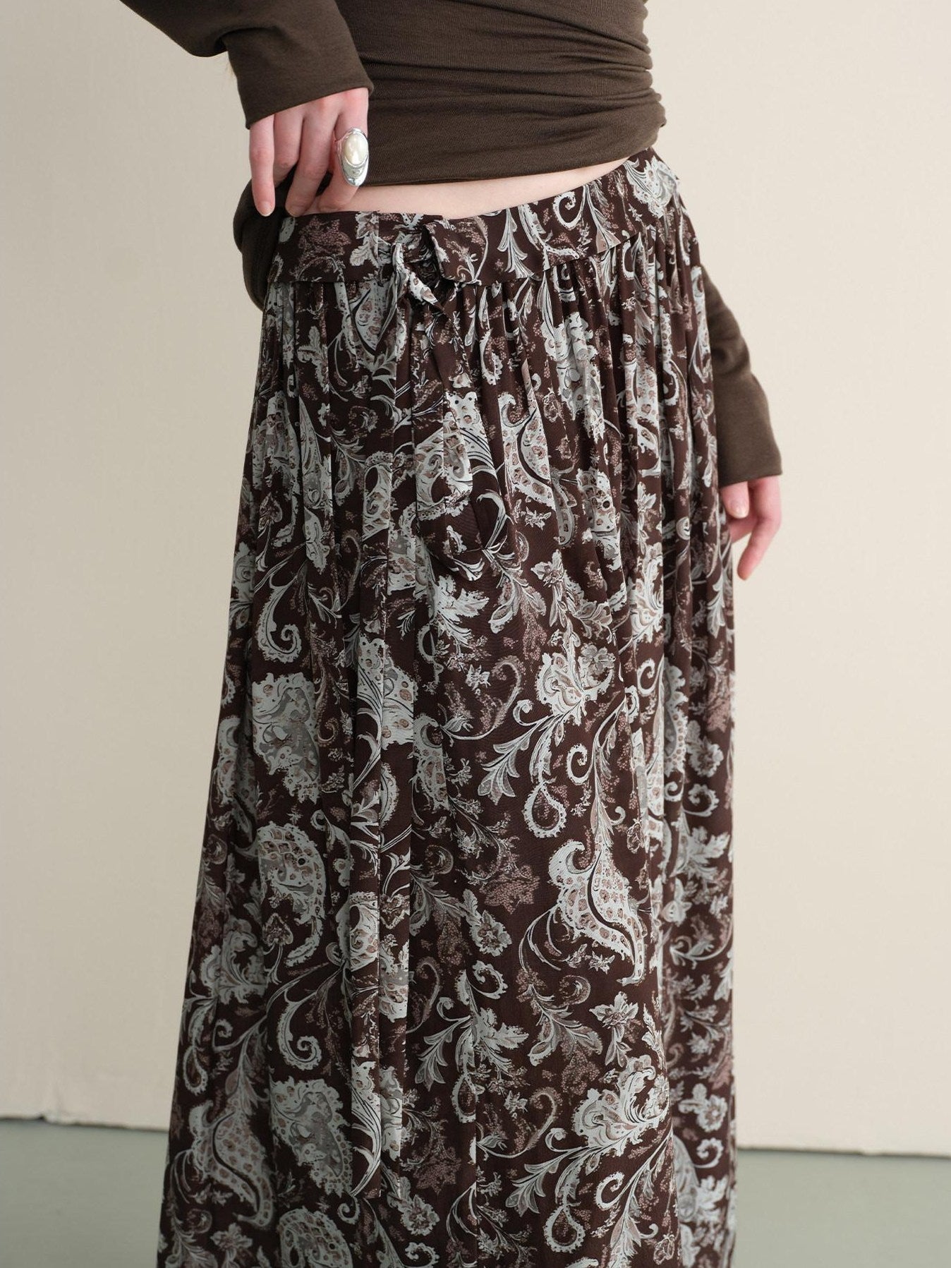 someonesometimes Lace Paisley Tie Mid Waist Relaxed H Line Casual Vacation Ladies Maxi Skirts