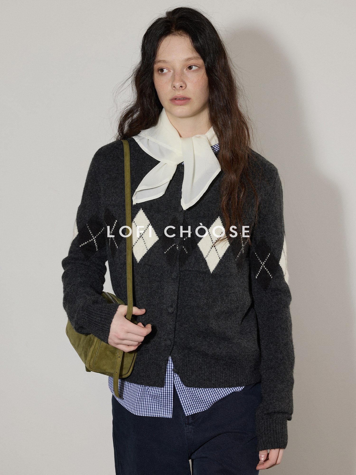 Lofi choose Cozy Acrylic Wool Blend Loose Fit Office Argyle Buttoned Women Cardigans
