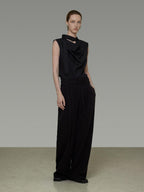 unspoken Breathable Viscose Tie Neck Sleeveless Loose Commuter Chic Women Black Blouses