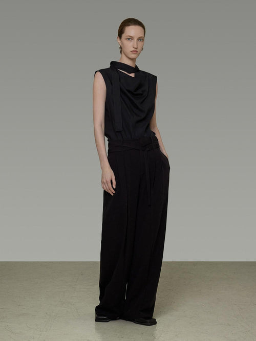unspoken Breathable Viscose Tie Neck Sleeveless Loose Commuter Chic Women Black Blouses