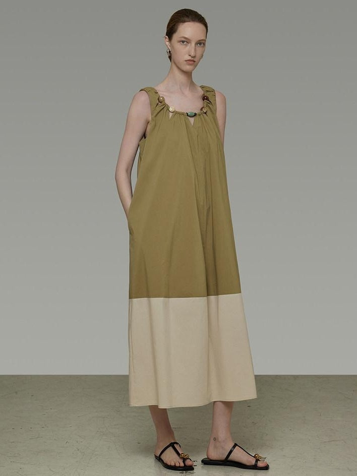 unspoken Khaki Beige Colorblock Sleeveless H Line Round Neck Loose Waist Maxi Dresses
