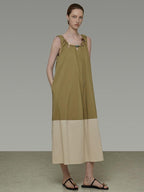 unspoken Khaki Beige Colorblock Sleeveless H Line Round Neck Loose Waist Maxi Dresses