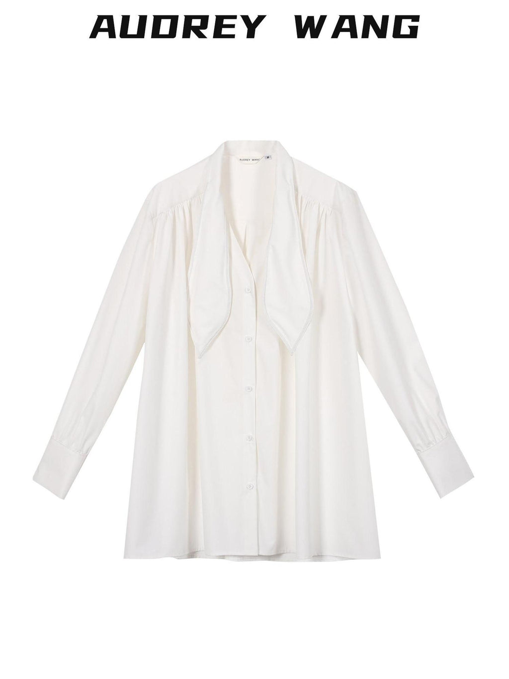 audreyyang Slimming Pleated Oversized Longline Button Long Sleeve Women Poly Cotton Blouses