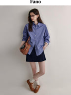 fano Skin Friendly Breathable Cotton Loose Fit Buttoned Collared Women Blue Shirts