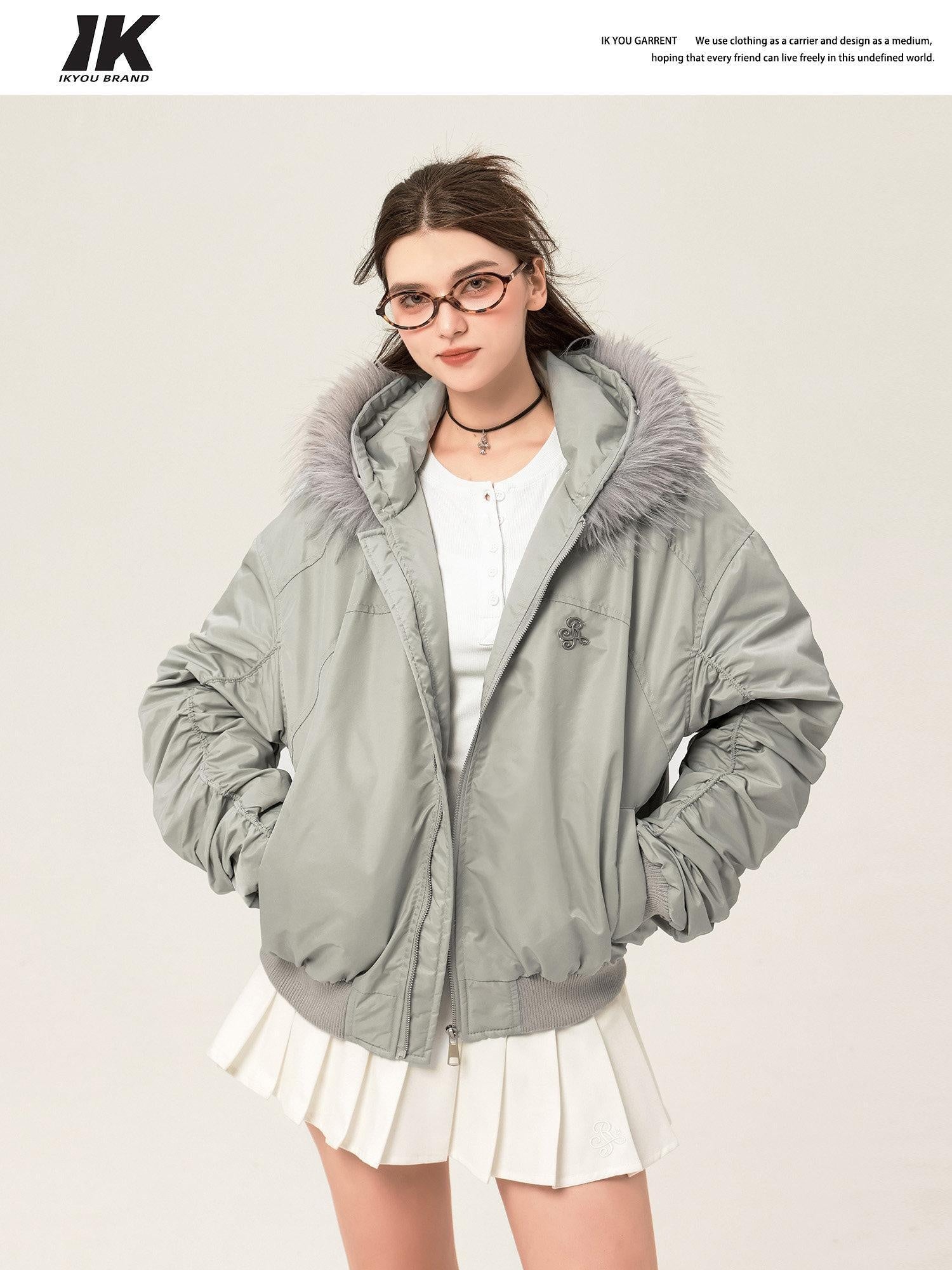 ikyou Insulated Fur Trim Hood Minimalist Straight Cut Urban Warm Nylon Puffer Jackets