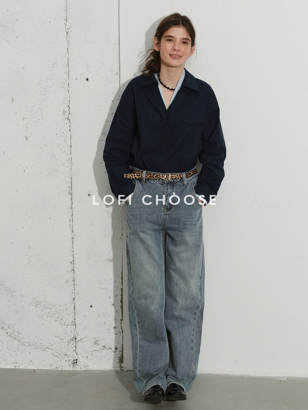Lofi choose Soft Pure Cotton Colorblock Loose V-neck Button Long Sleeve Womens Navy Shirts
