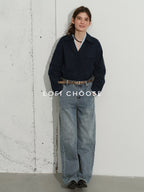 Lofi choose Soft Pure Cotton Colorblock Loose V-neck Button Long Sleeve Womens Navy Shirts