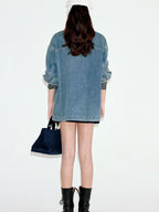 fano Patchwork Washed Blue Loose Fit Casual Cotton Women Button Front Denim Jackets