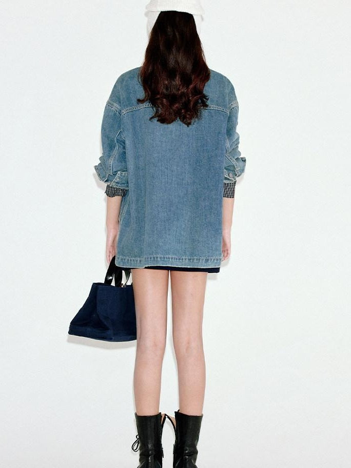 fano Patchwork Washed Blue Loose Fit Casual Cotton Women Button Front Denim Jackets