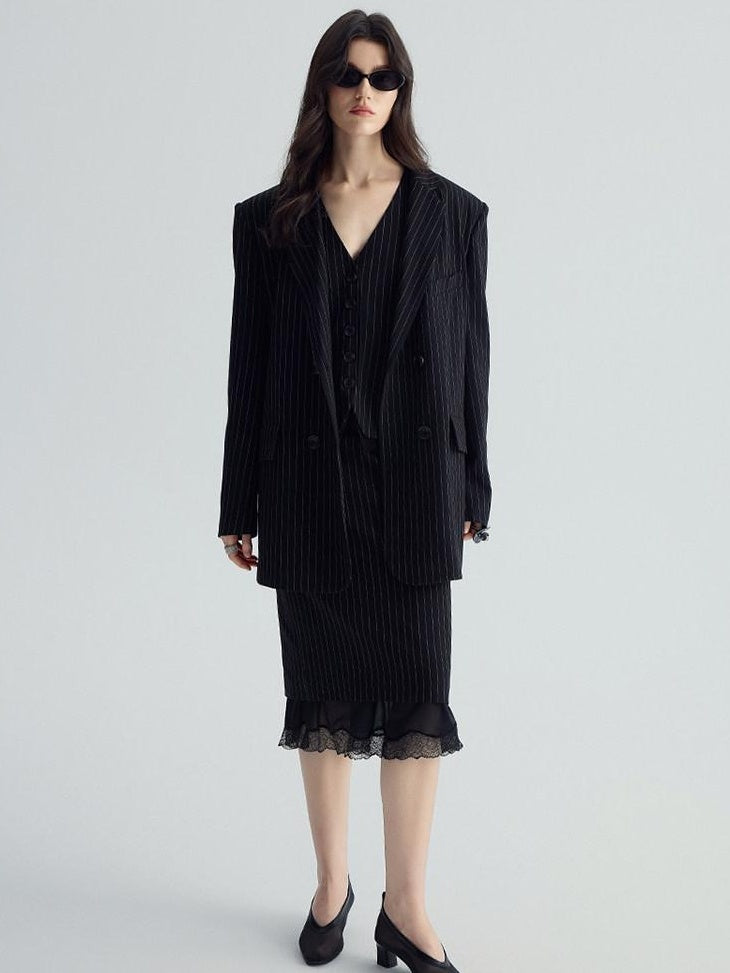 audreyyang Original Design Relaxed Fit Double Breasted Women Black Polyester Blazers