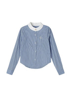 ikyou Breathable Cottonblend Slim Fit Embroidered Stripe Round Neck Women Tops Blouses