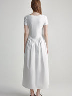 fano Cotton High Waist A Line Square Neck Short Sleeve Office Casual Maxi Dresses