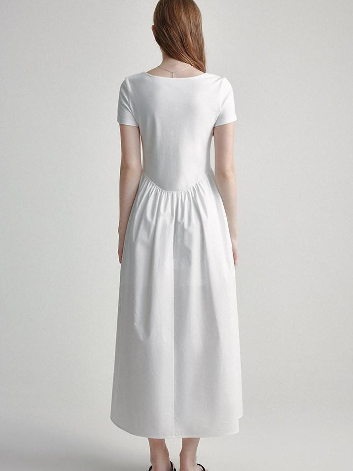 fano Cotton High Waist A Line Square Neck Short Sleeve Office Casual Maxi Dresses