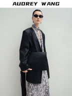 audreyyang Pu Leather Mid Length V-neck Oversized Workwear Office Casual Blazers