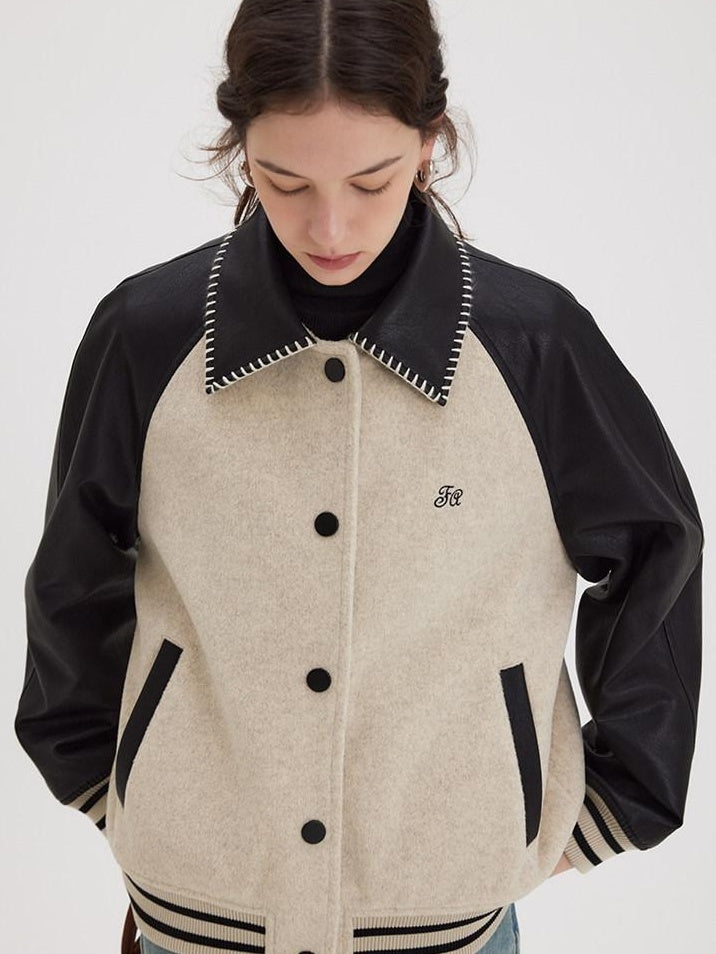 fano Shell Embroidered Commuter Loose Wool Raglan Women Colorblock Bomber Jackets