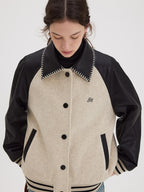 fano Shell Embroidered Commuter Loose Wool Raglan Women Colorblock Bomber Jackets