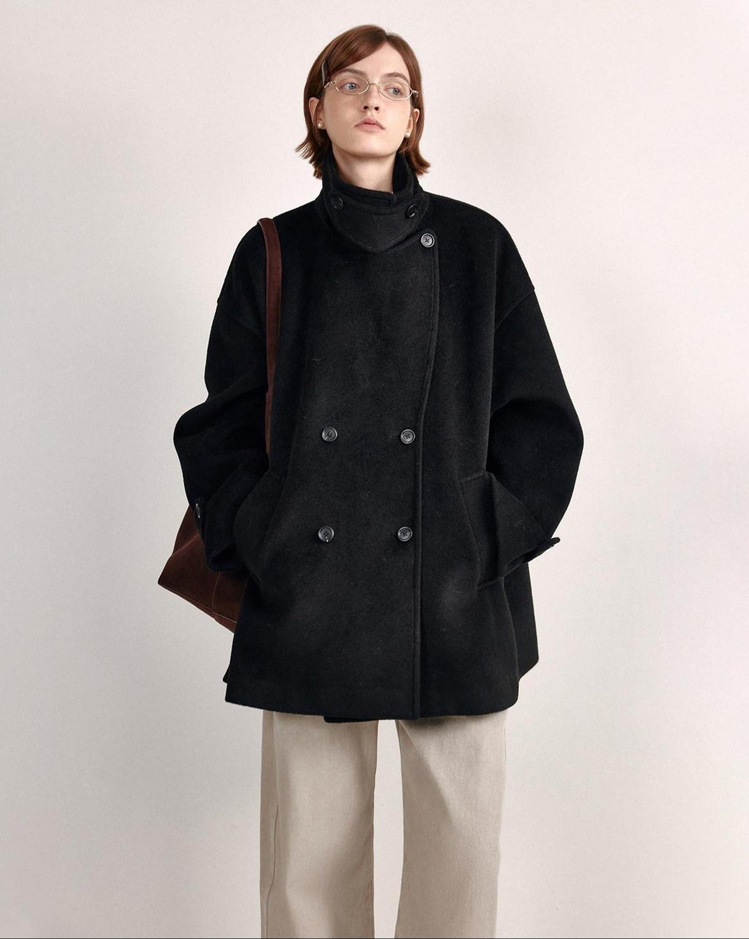 fano Double Breasted Stand Collar Commuter Loose Fit Women Black Pocket Wool Coats