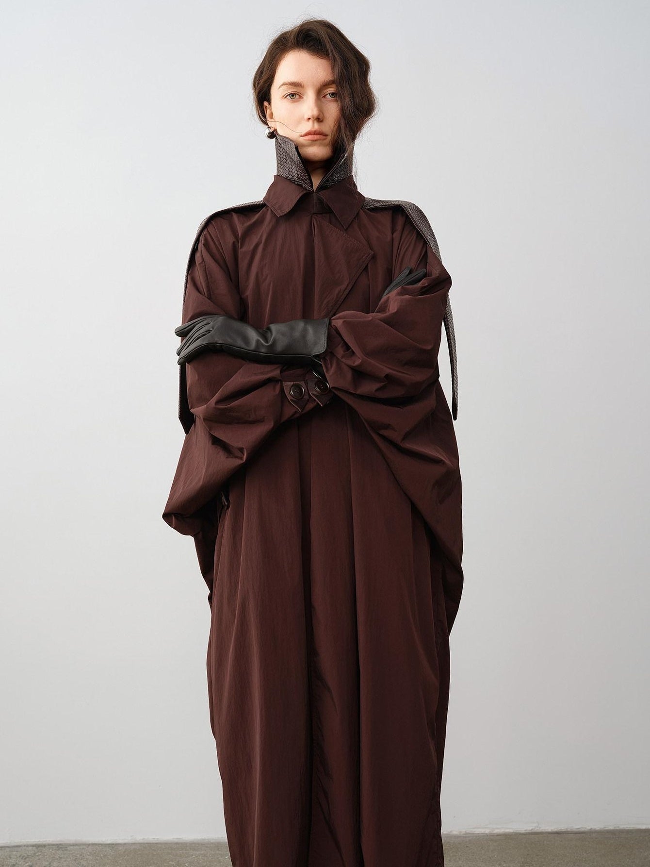 audreyyang Long Polyamide Patchwork Trench Decorative Tabs Women Black Trench Coats