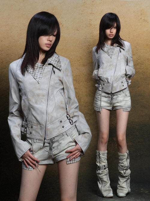 ARIADNAw Asymmetric Collar Distressed Slim Fit Women's Leather Jackets