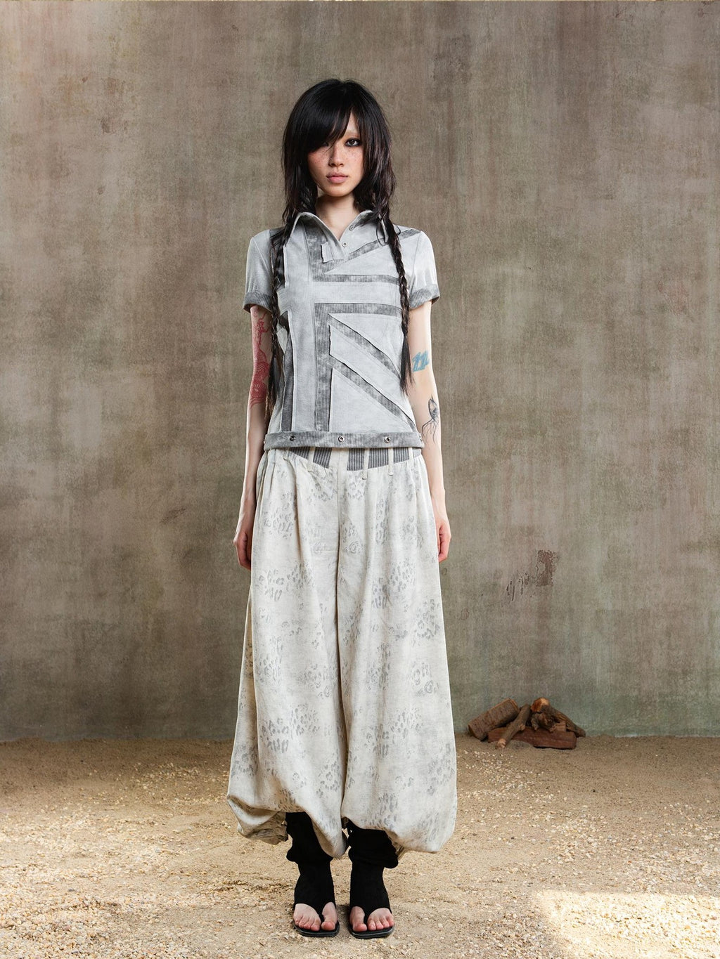 ARIADNAw Asymmetric Contrast Waist Low Rise Loose Lantern Women's Chinos