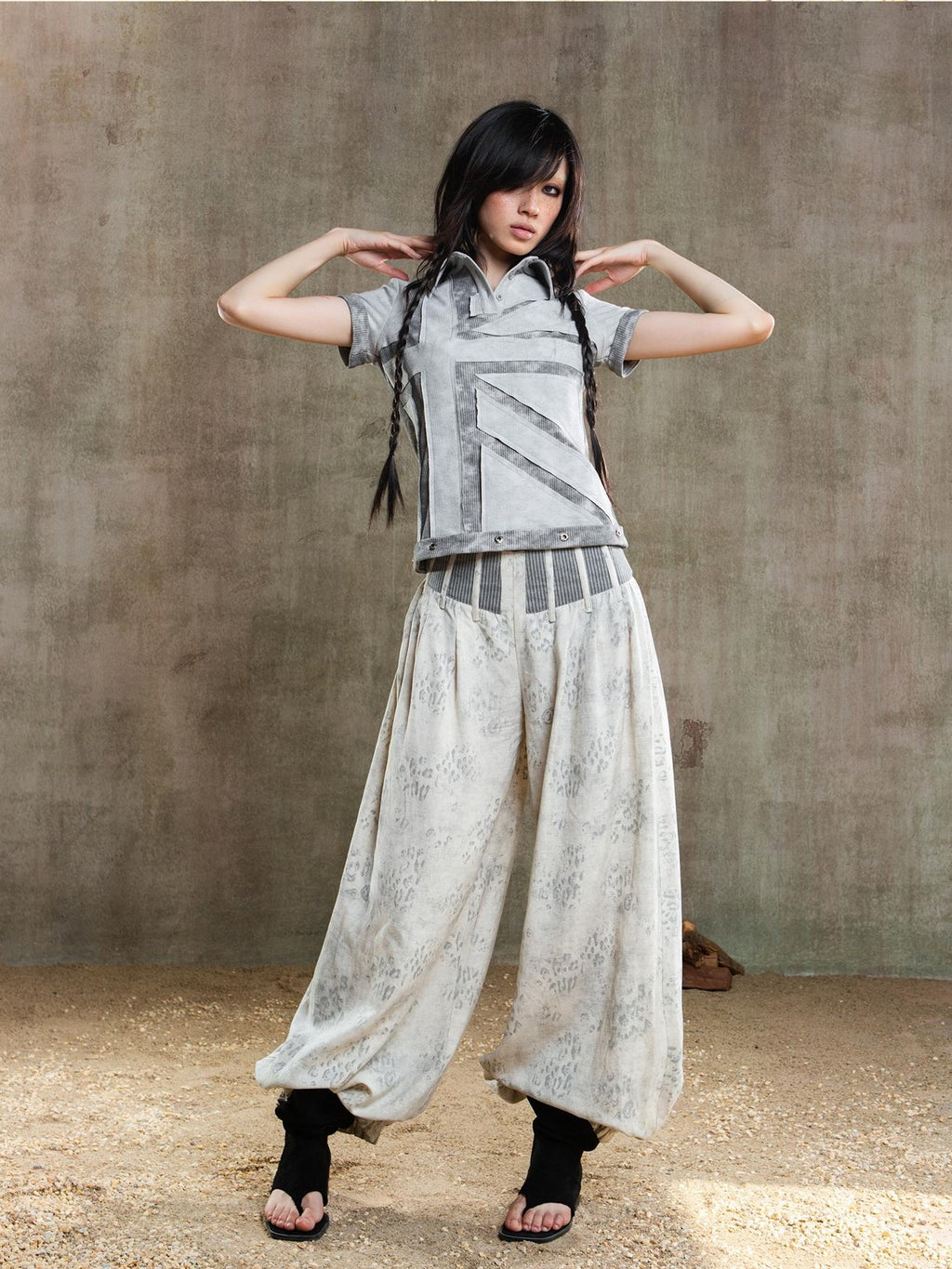 ARIADNAw Asymmetric Contrast Waist Low Rise Loose Lantern Women's Chinos