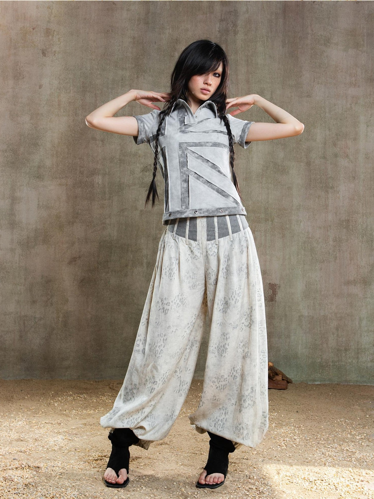 ARIADNAw Asymmetric Contrast Waist Low Rise Loose Lantern Women's Chinos