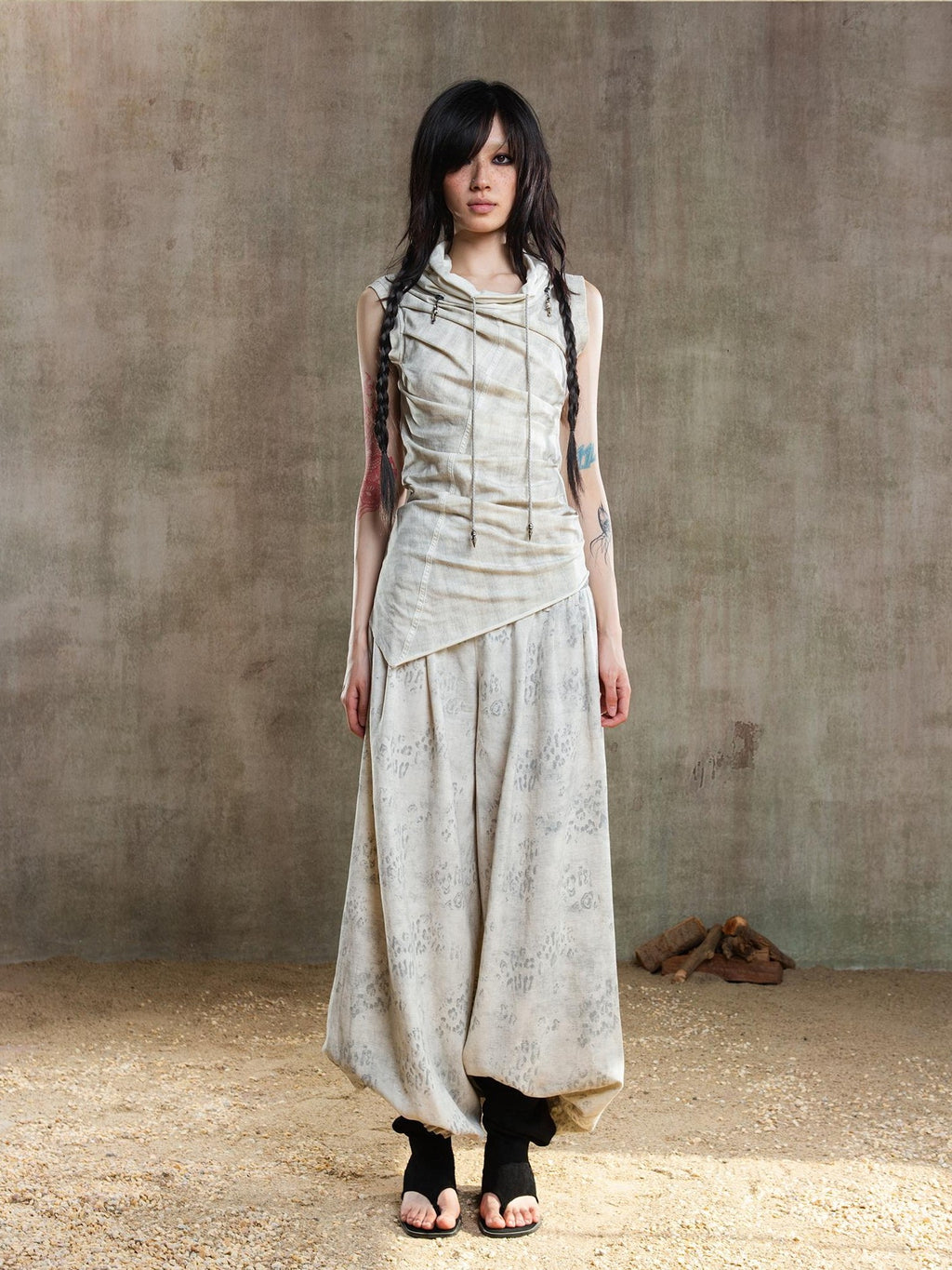 ARIADNAw Asymmetric Contrast Waist Low Rise Loose Lantern Women's Chinos