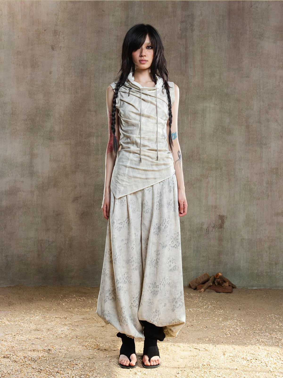 ARIADNAw Asymmetric Contrast Waist Low Rise Loose Lantern Women's Chinos