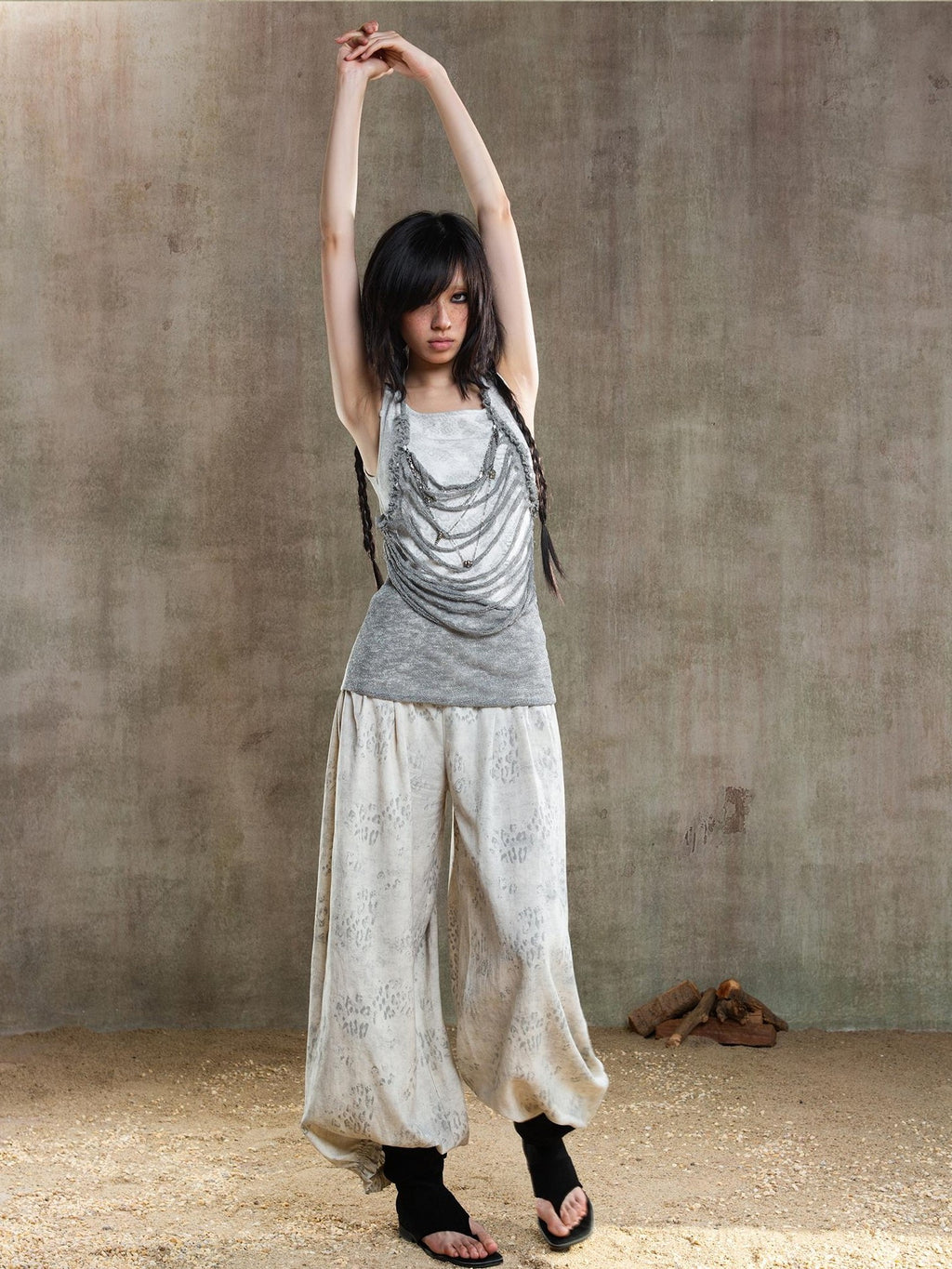 ARIADNAw Asymmetric Contrast Waist Low Rise Loose Lantern Women's Chinos