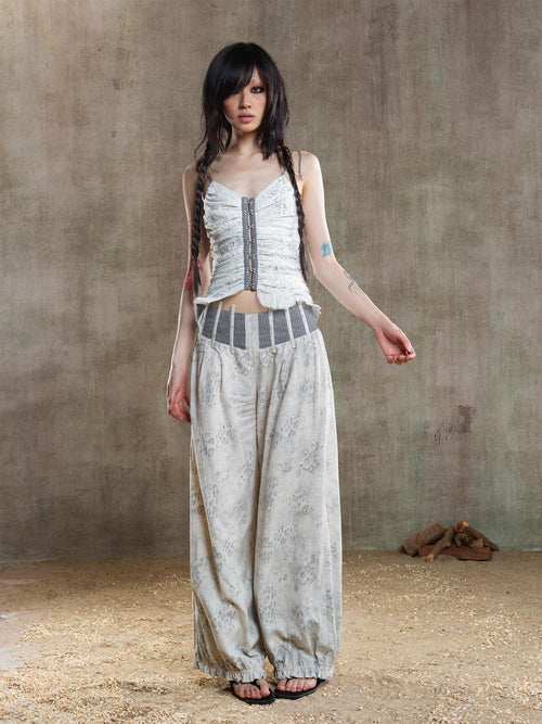 ARIADNAw Asymmetric Contrast Waist Low Rise Loose Lantern Women's Chinos