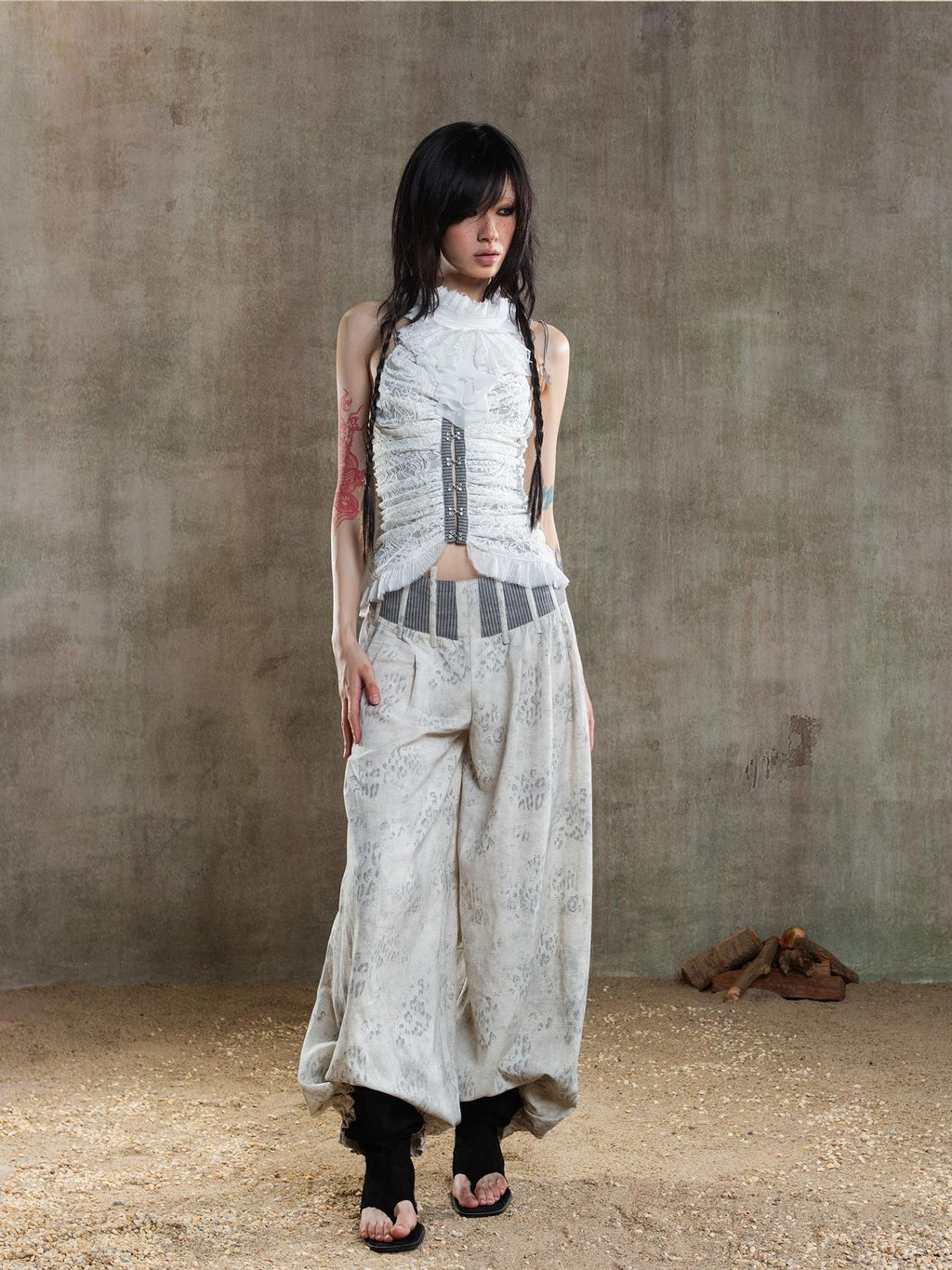 ARIADNAw Asymmetric Contrast Waist Low Rise Loose Lantern Women's Chinos