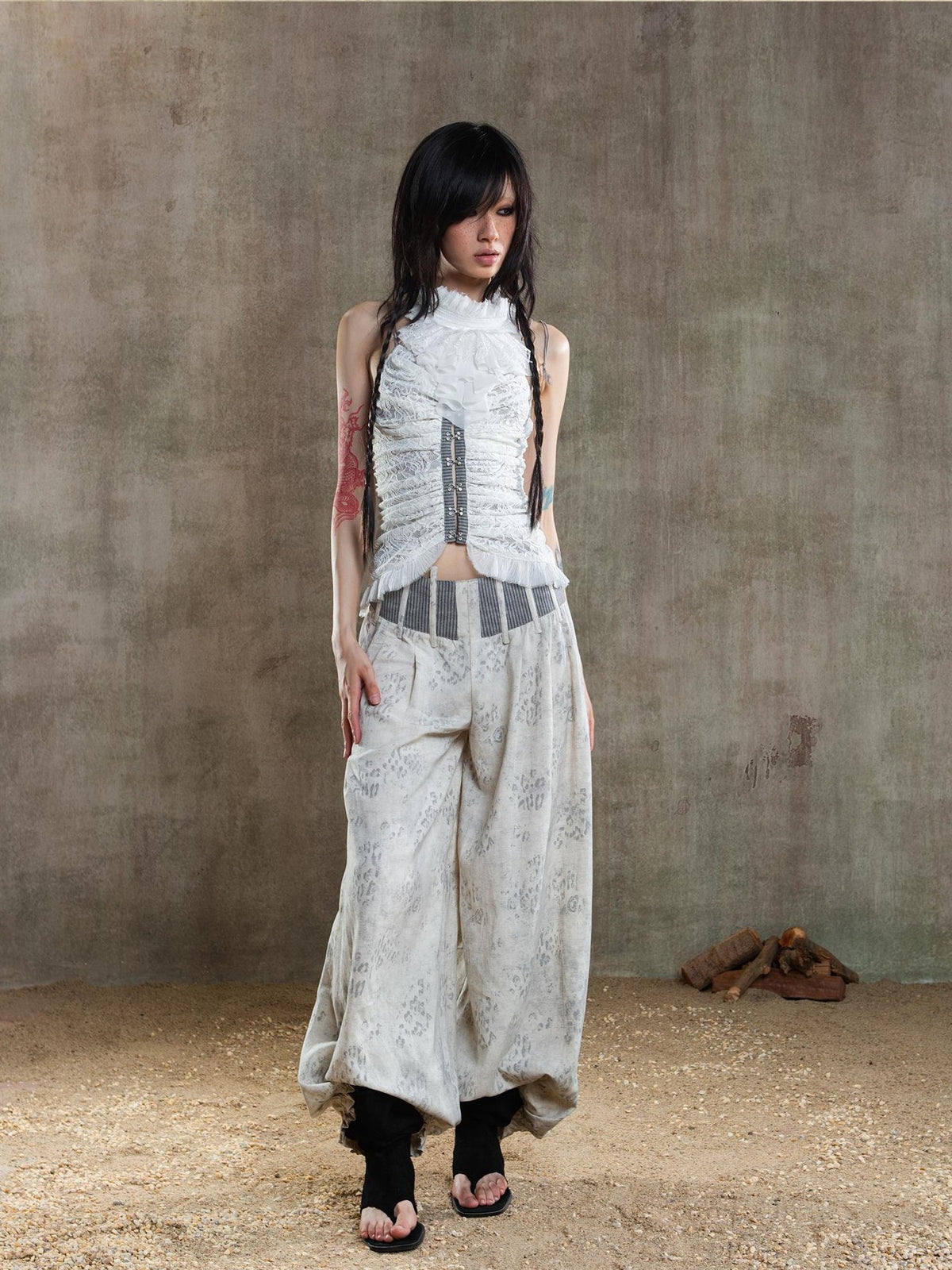 ARIADNAw Asymmetric Contrast Waist Low Rise Loose Lantern Women's Chinos