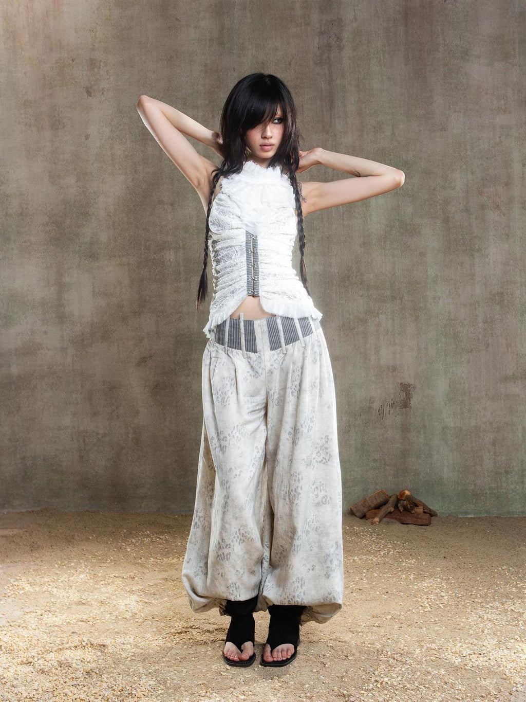 ARIADNAw Asymmetric Contrast Waist Low Rise Loose Lantern Women's Chinos