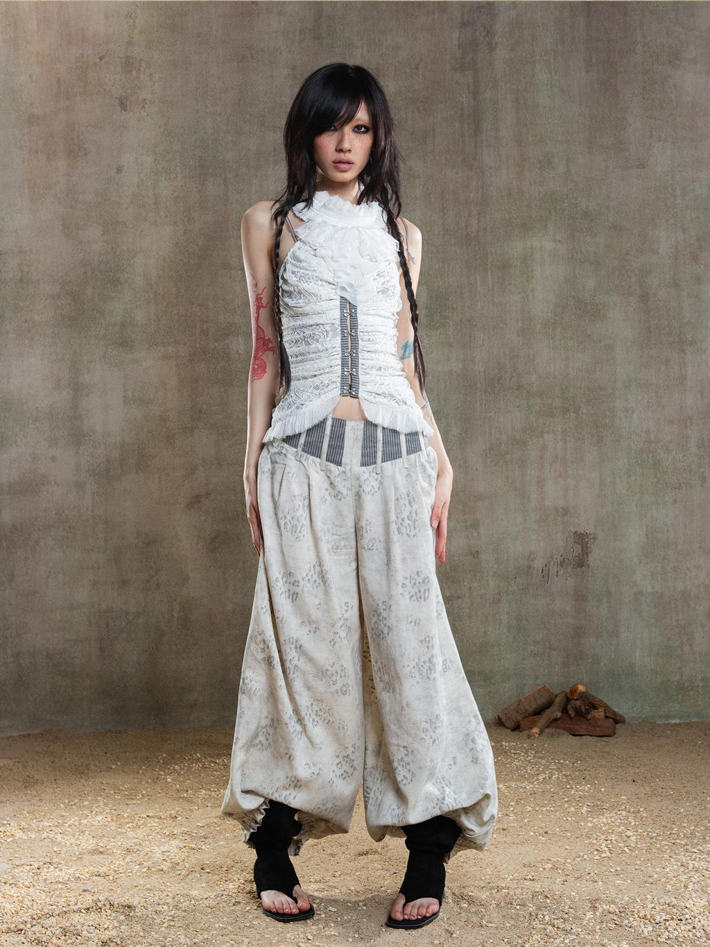 ARIADNAw Asymmetric Contrast Waist Low Rise Loose Lantern Women's Chinos