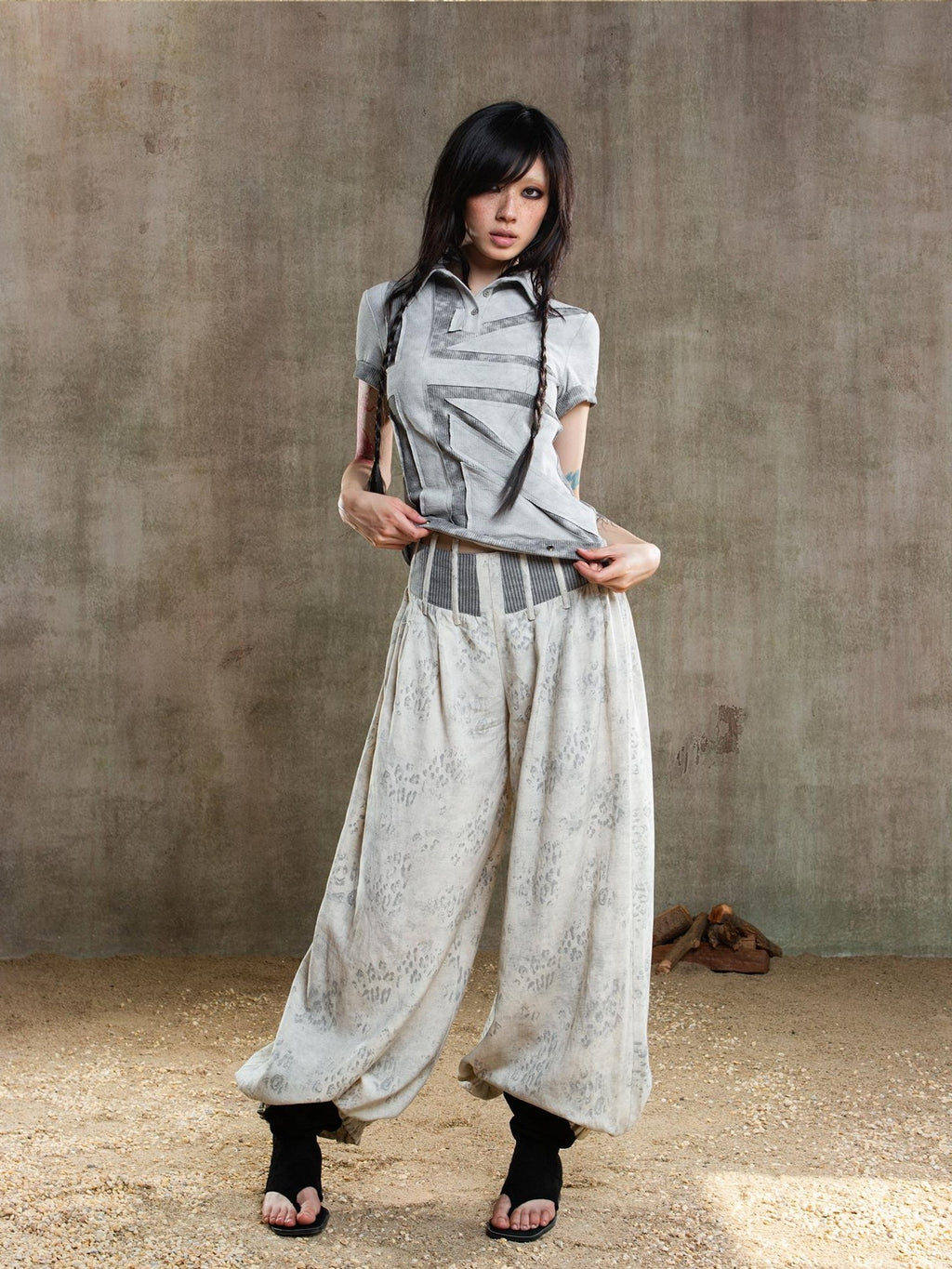ARIADNAw Asymmetric Contrast Waist Low Rise Loose Lantern Women's Chinos