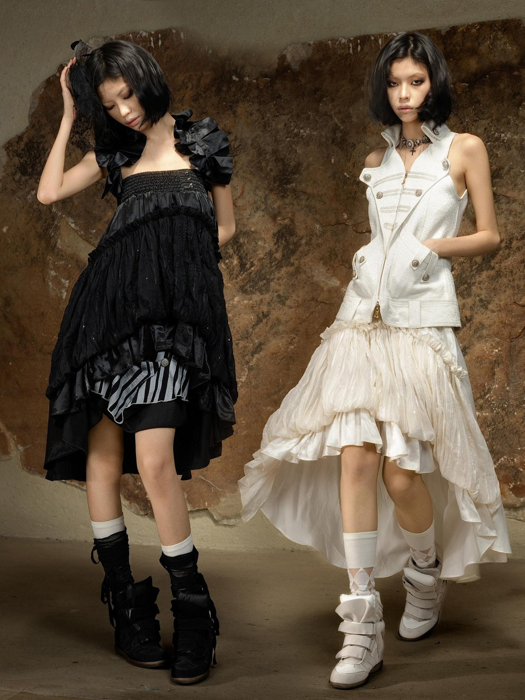 ARIADNAw Asymmetric Ruched Ruffle High Waist Vintage Palace Style Women's Midi Skirts