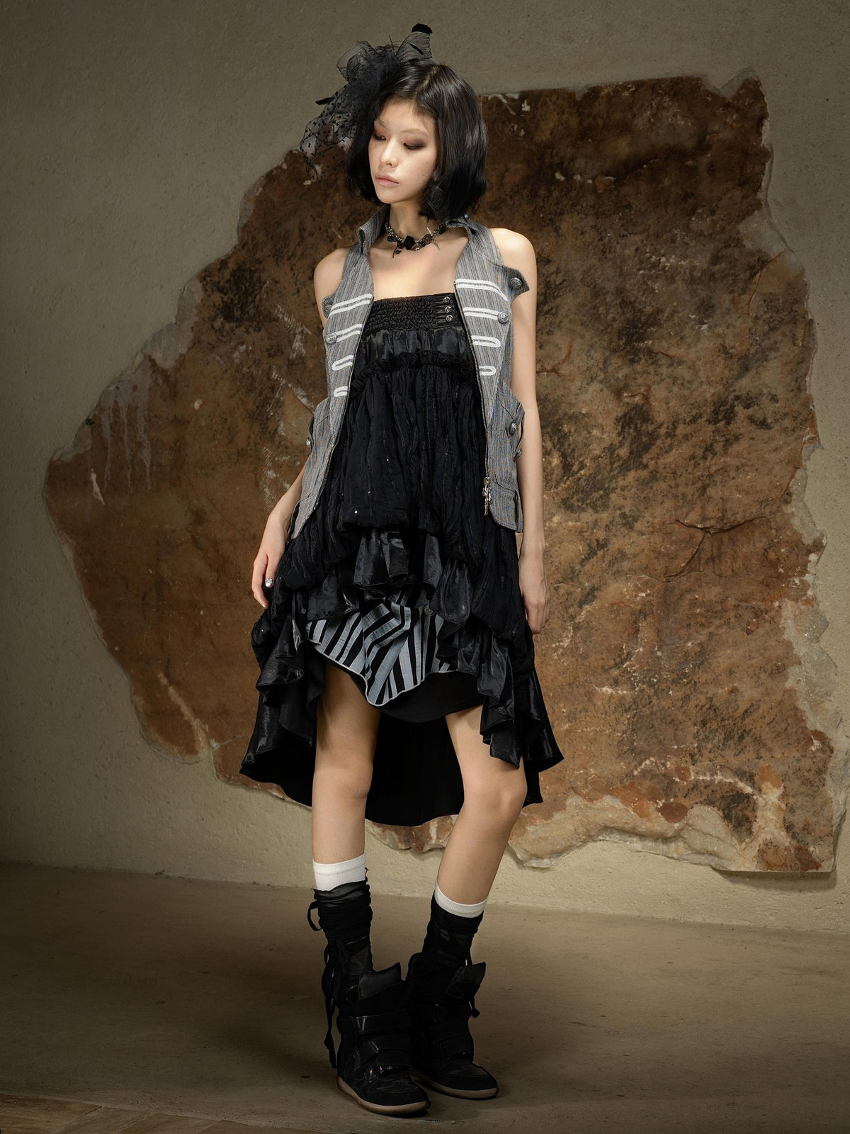 ARIADNAw Asymmetric Ruched Ruffle High Waist Vintage Palace Style Women's Midi Skirts