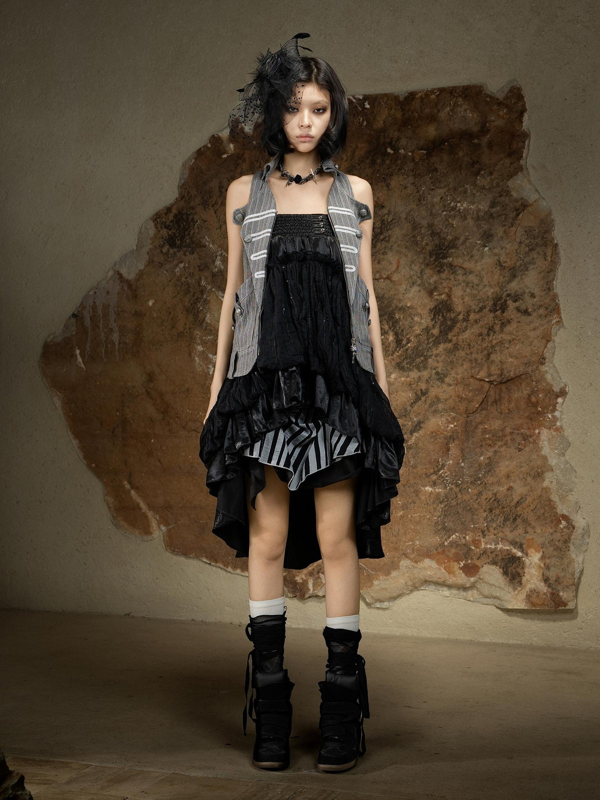 ARIADNAw Asymmetric Ruched Ruffle High Waist Vintage Palace Style Women's Midi Skirts