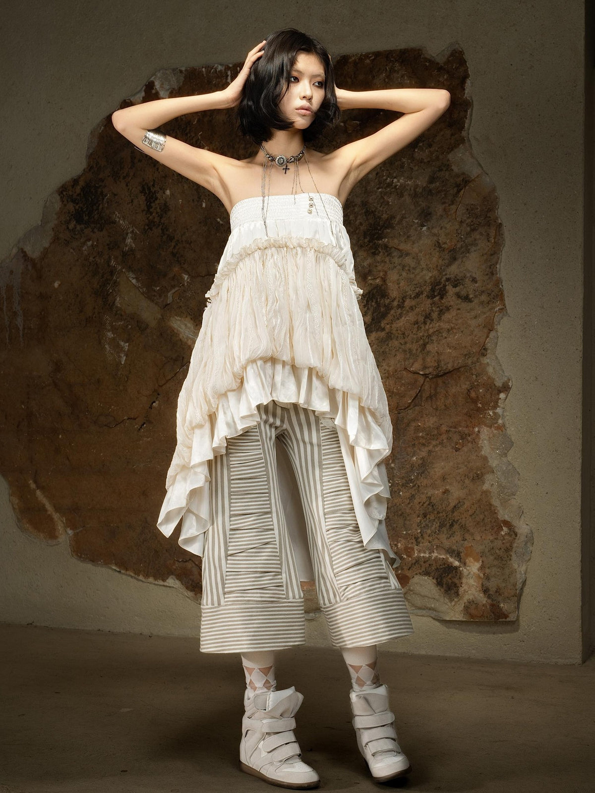 ARIADNAw Asymmetric Ruched Ruffle High Waist Vintage Palace Style Women's Midi Skirts