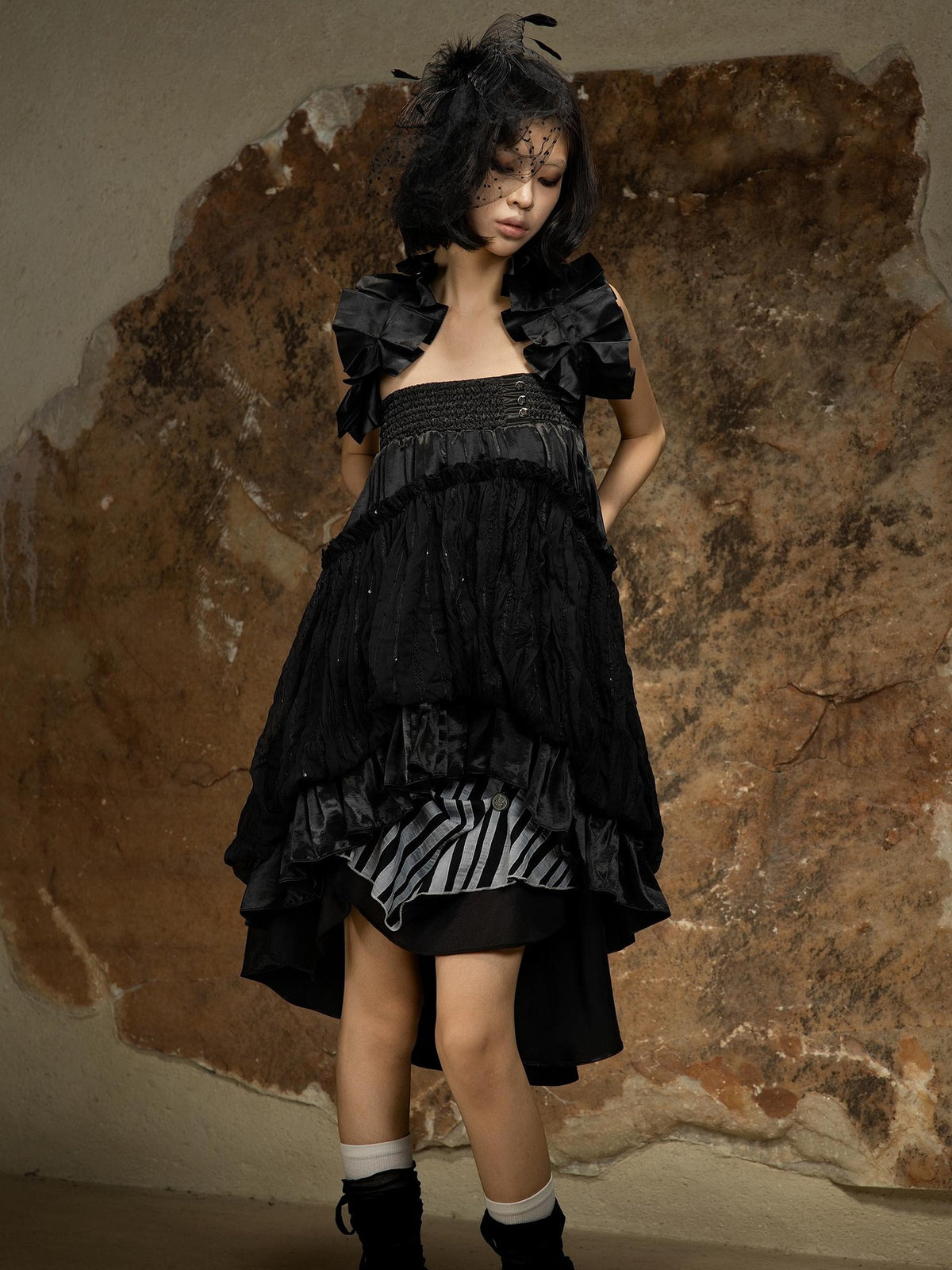 ARIADNAw Asymmetric Ruched Ruffle High Waist Vintage Palace Style Women's Midi Skirts