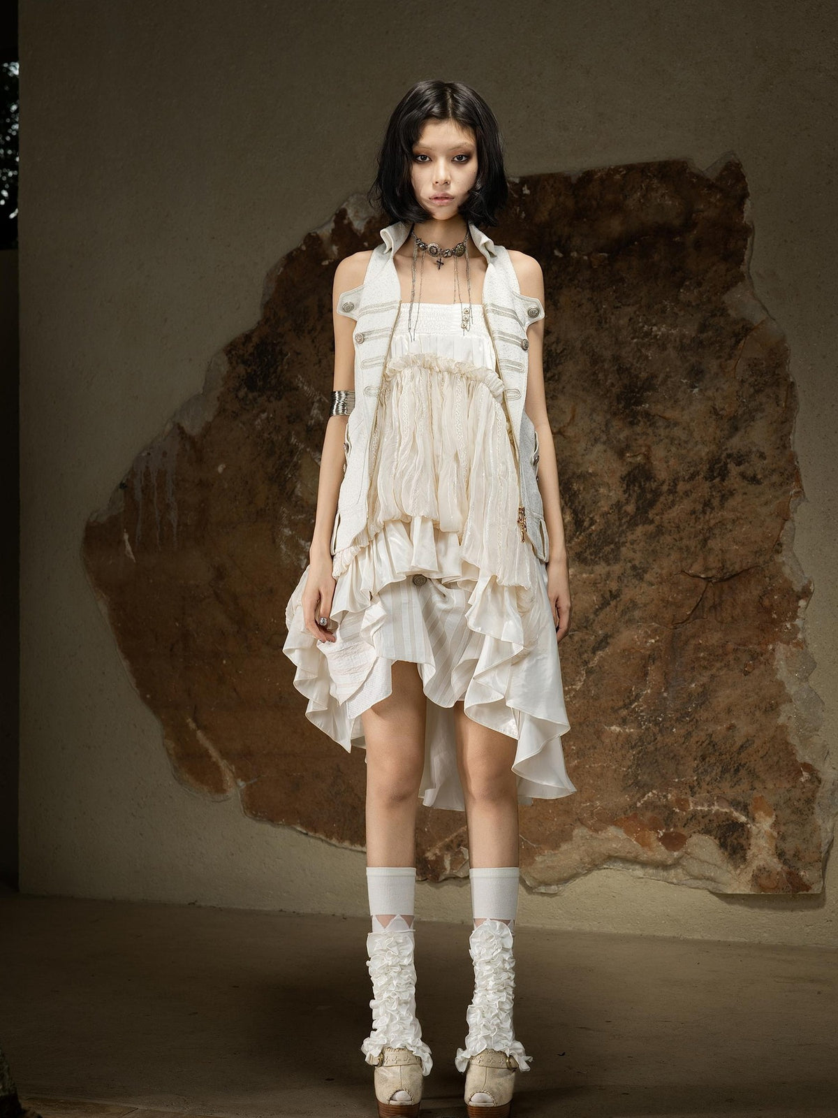 ARIADNAw Asymmetric Ruched Ruffle High Waist Vintage Palace Style Women's Midi Skirts