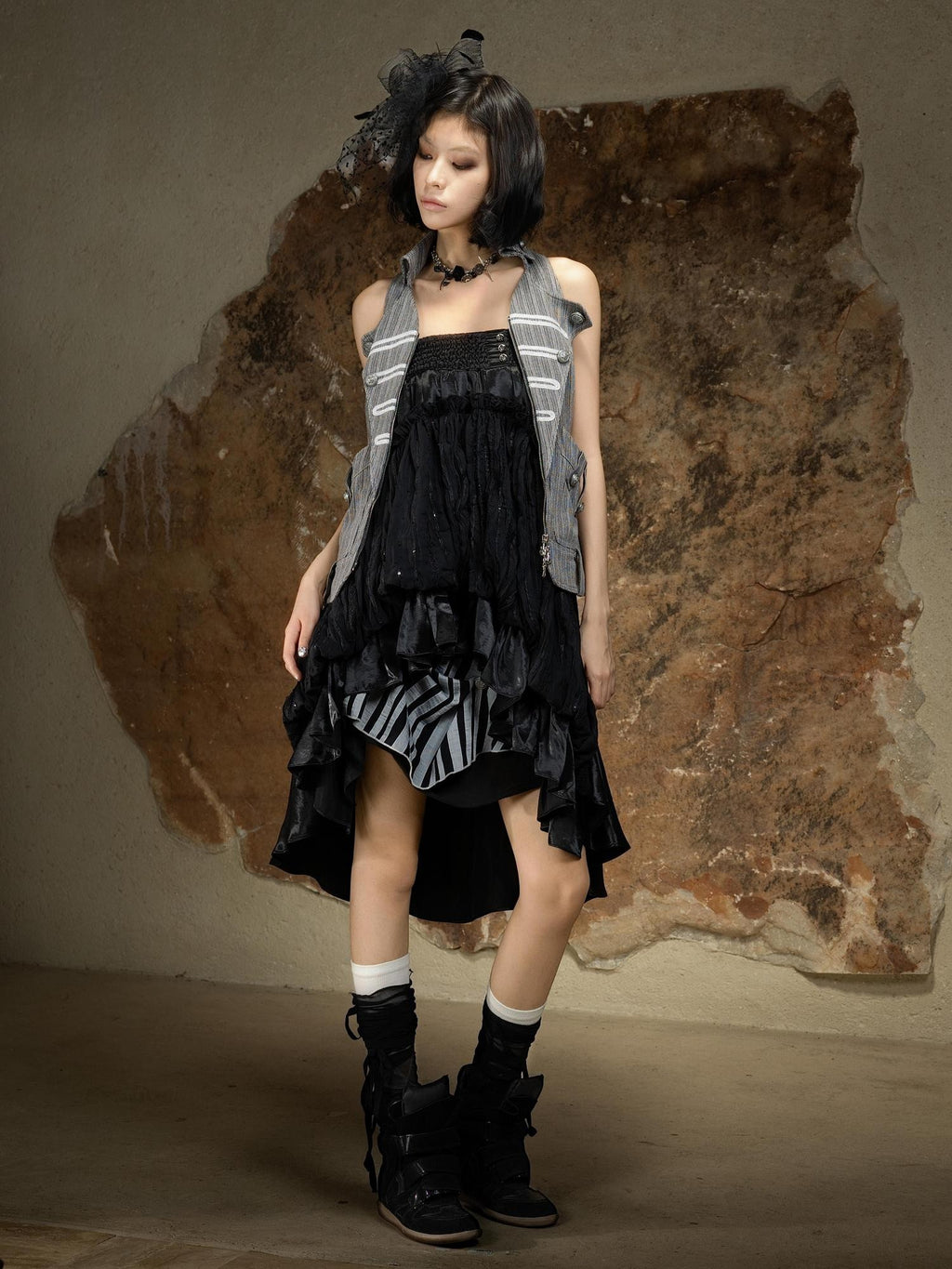 ARIADNAw Asymmetric Ruched Ruffle High Waist Vintage Palace Style Women's Midi Skirts