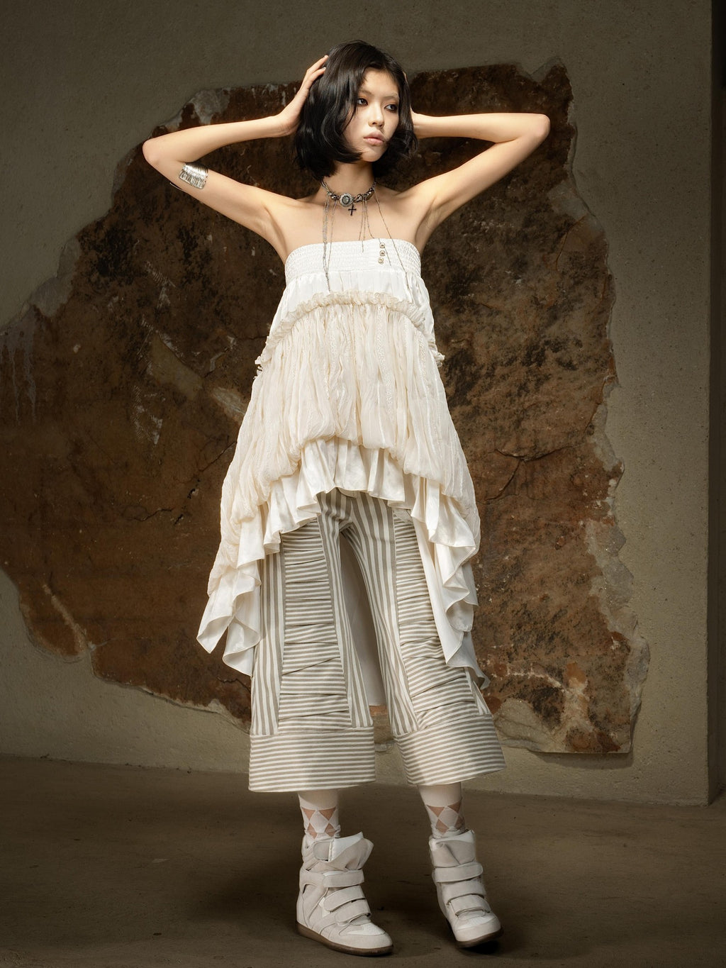 ARIADNAw Asymmetric Ruched Ruffle High Waist Vintage Palace Style Women's Midi Skirts