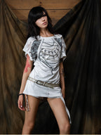 ARIADNAw Chain Print Asymmetric Drawstring Flare Sleeve Women's Short Sleeve T-shirts